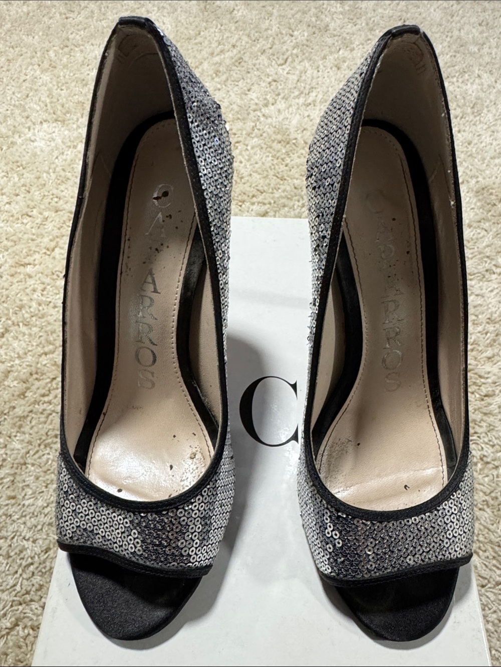 Caparros Silver Sequin Peep-Toe Heels with Black Trim